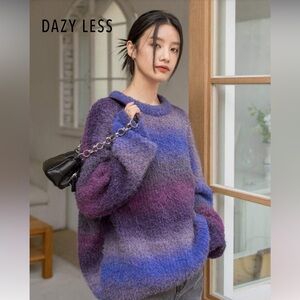 Dazy-Less Round Neck Dolman Sleeve Casual Tie-Dye Pullover Sweater Large